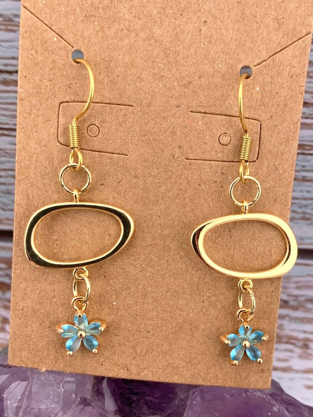Golden Circles Blue Crystal Flowers Handmade Handcrafted Earrings LR174